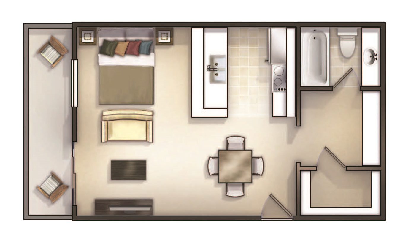 Floor plan for studio, 1 bath, 520 sqft